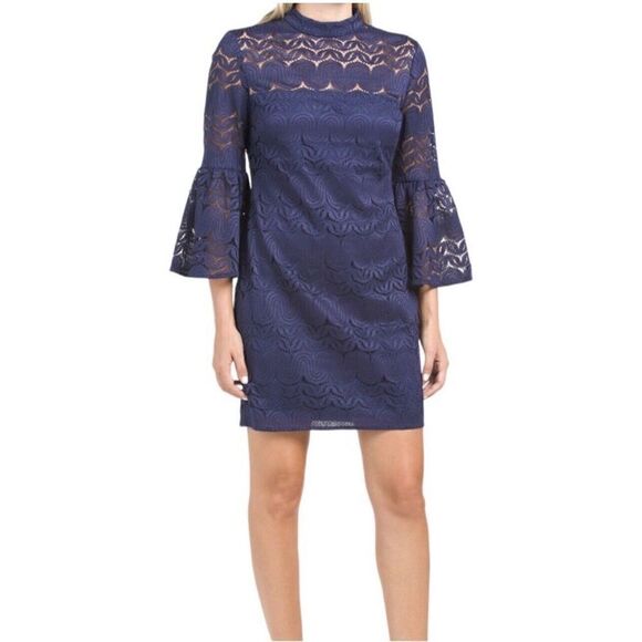 Trina Turk Lace Overlay Navy Blue Mini Dress Bell 3/4 Sleeve Sz 4 Holidays - Picture 6 of 9